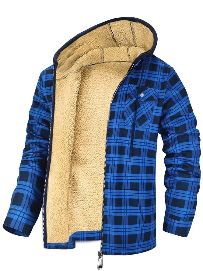 Men's Plaid Print Hooded Zip-Up Jacket Winter Thickened Cotton-padded Coat Warm Clothing by 510_Athletics LLC