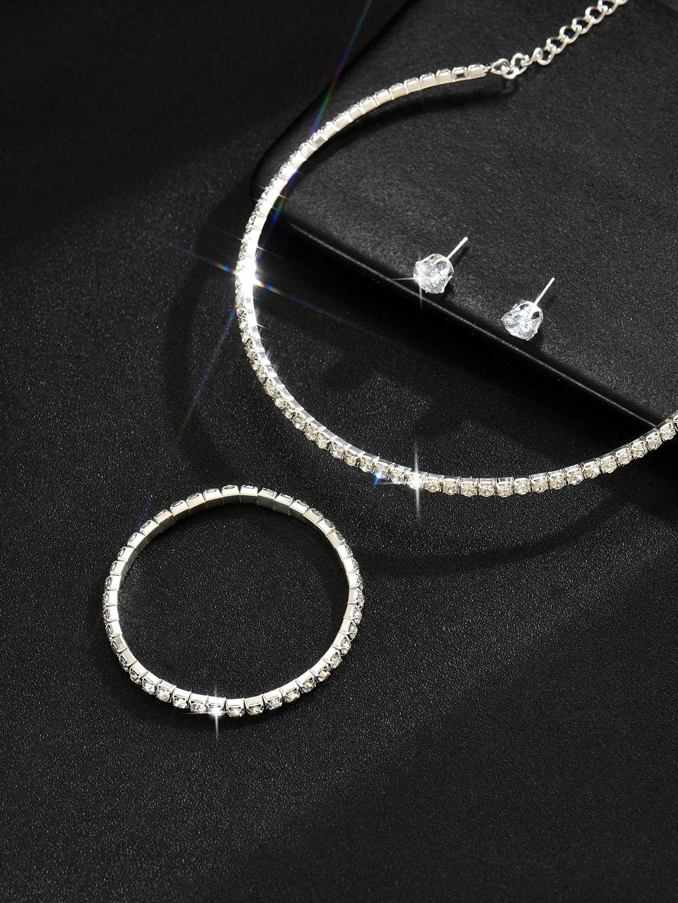 European And American Cross-Border Jewelry Three-Row Rhinestone Necklace Zircon Earrings Bracelet Elastic Ring Bridal Suit Dress Accessories
