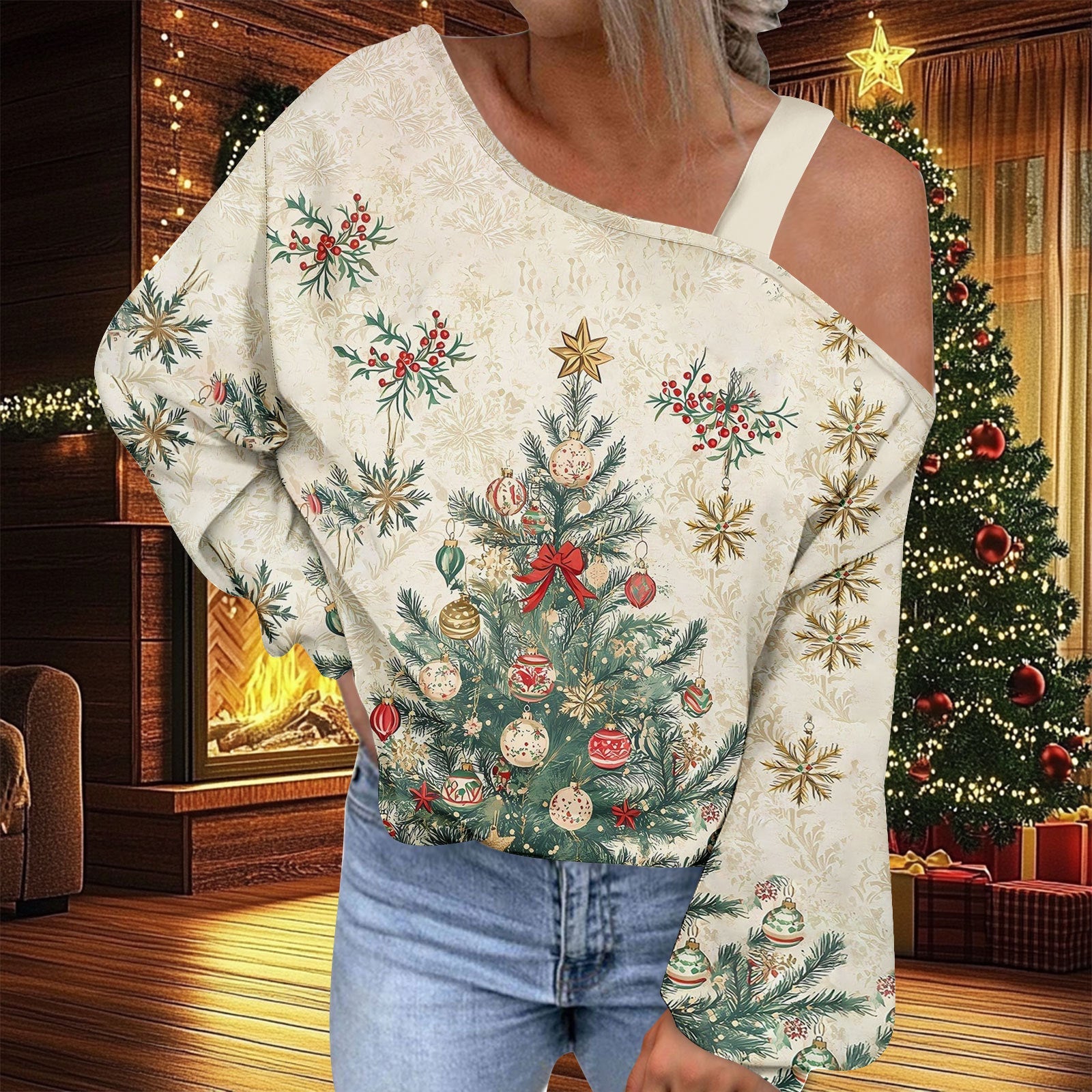 Christmas Women's Fashion Trend Diagonal Collar T-shirt by G8Central.com