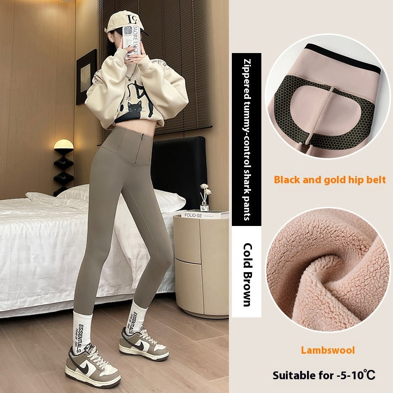 Belly-controlling Butt Lifting Leggings With Three-breasted Design Winter High Waist Slim Zipper Pants Warm Velvet And Thickened Trousers Women Clothing by 510_Athletics LLC