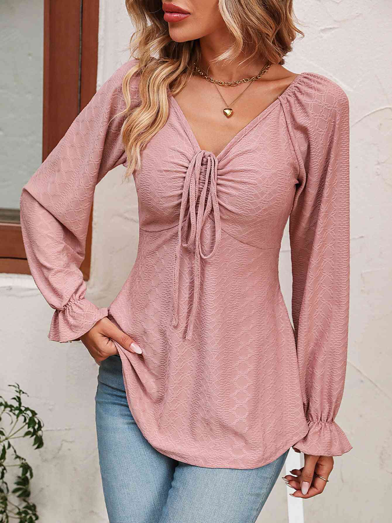 Tie Front V-Neck Puff Sleeve Blouse by VYSN