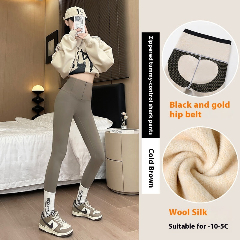 Belly-controlling Butt Lifting Leggings With Three-breasted Design Winter High Waist Slim Zipper Pants Warm Velvet And Thickened Trousers Women Clothing by 510_Athletics LLC