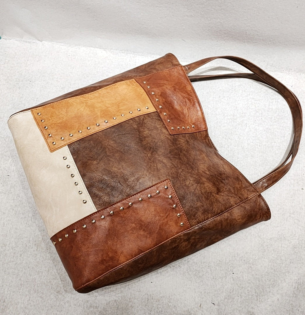 Brown Large PU Tote Bag with Rivets & Contrast Stitching