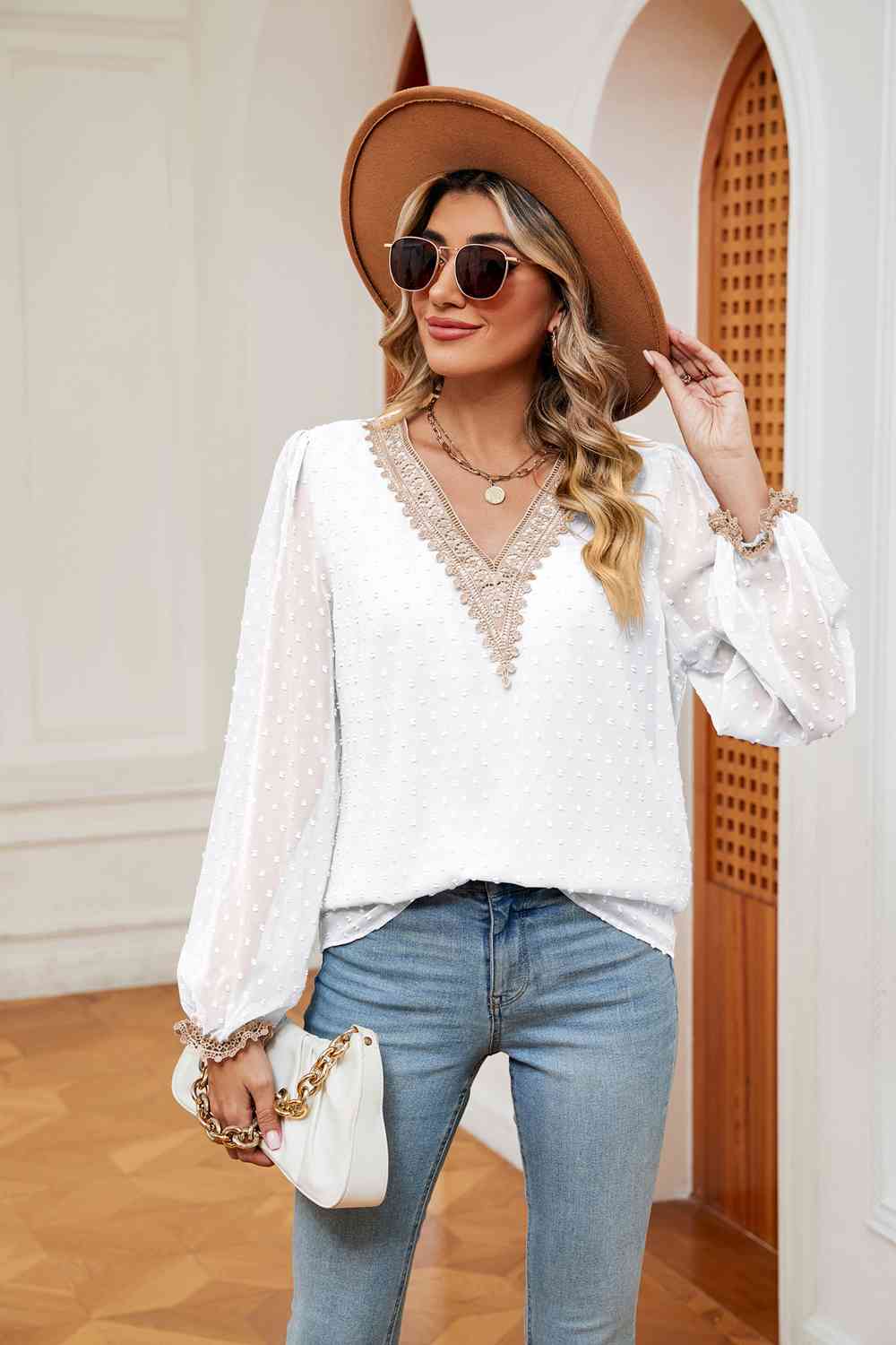 Swiss Dot Contrast V-Neck Blouse by VYSN