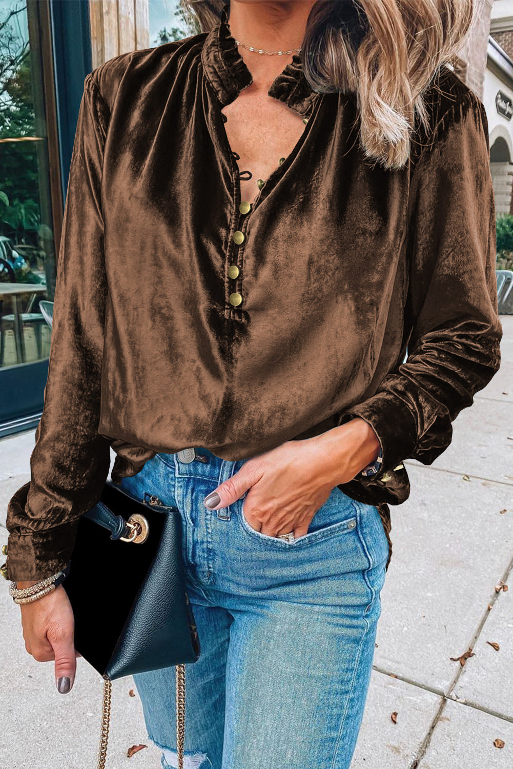 Gwynn Frilled Neck Buttoned Front Velvet Top - Threaded Pear