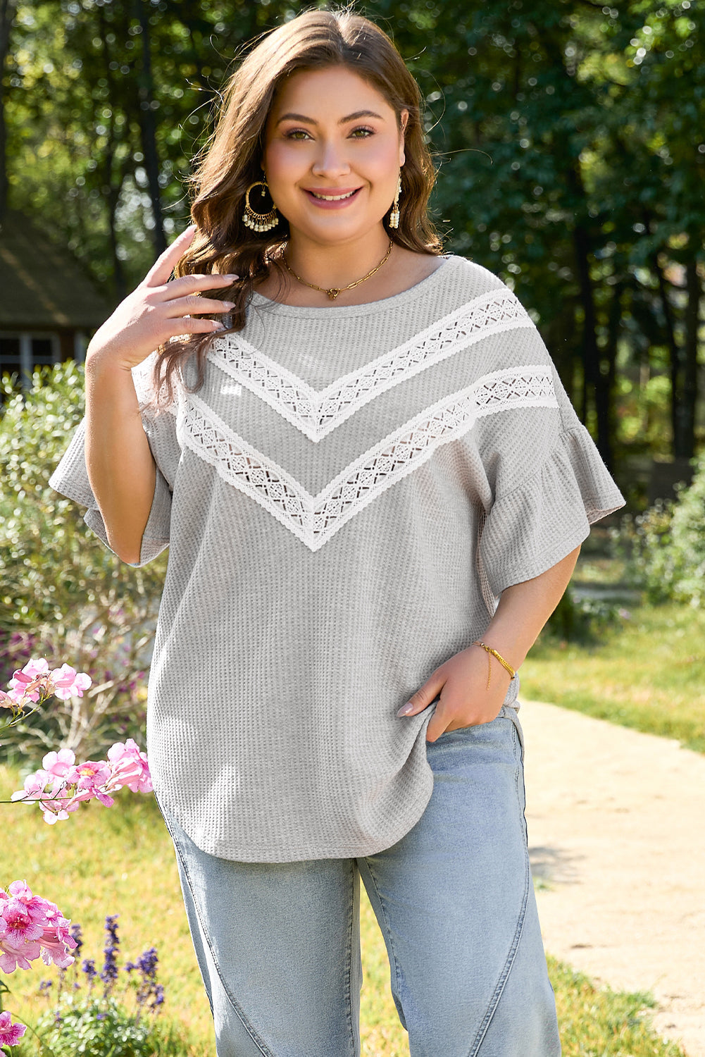 Rory Plus Size Lace Insert Waffle Ruffle Top by Threaded Pear