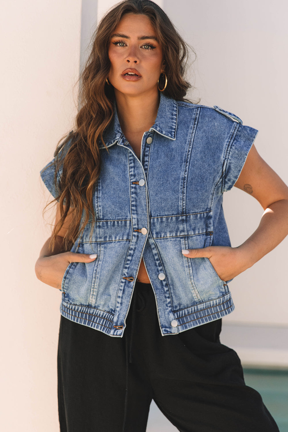 Nora Blue Acid Wash Elastic Hem Button Up Denim Vest - Threaded Pear