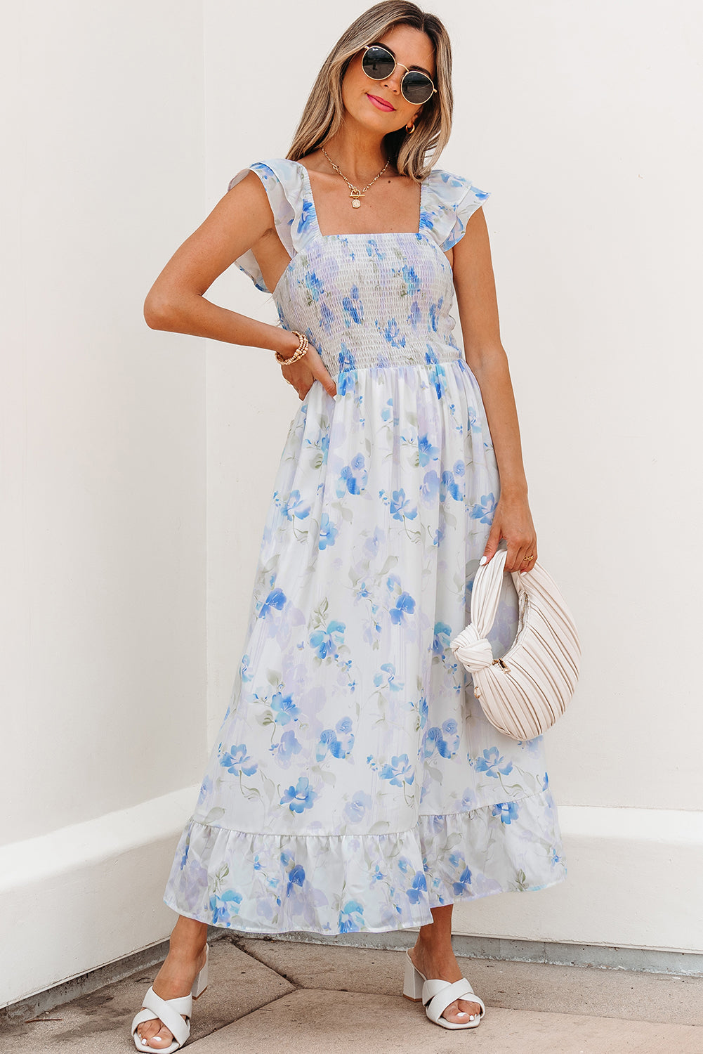 Josephine Floral Smocked High Waist Sleeveless Long Dress by Threaded Pear