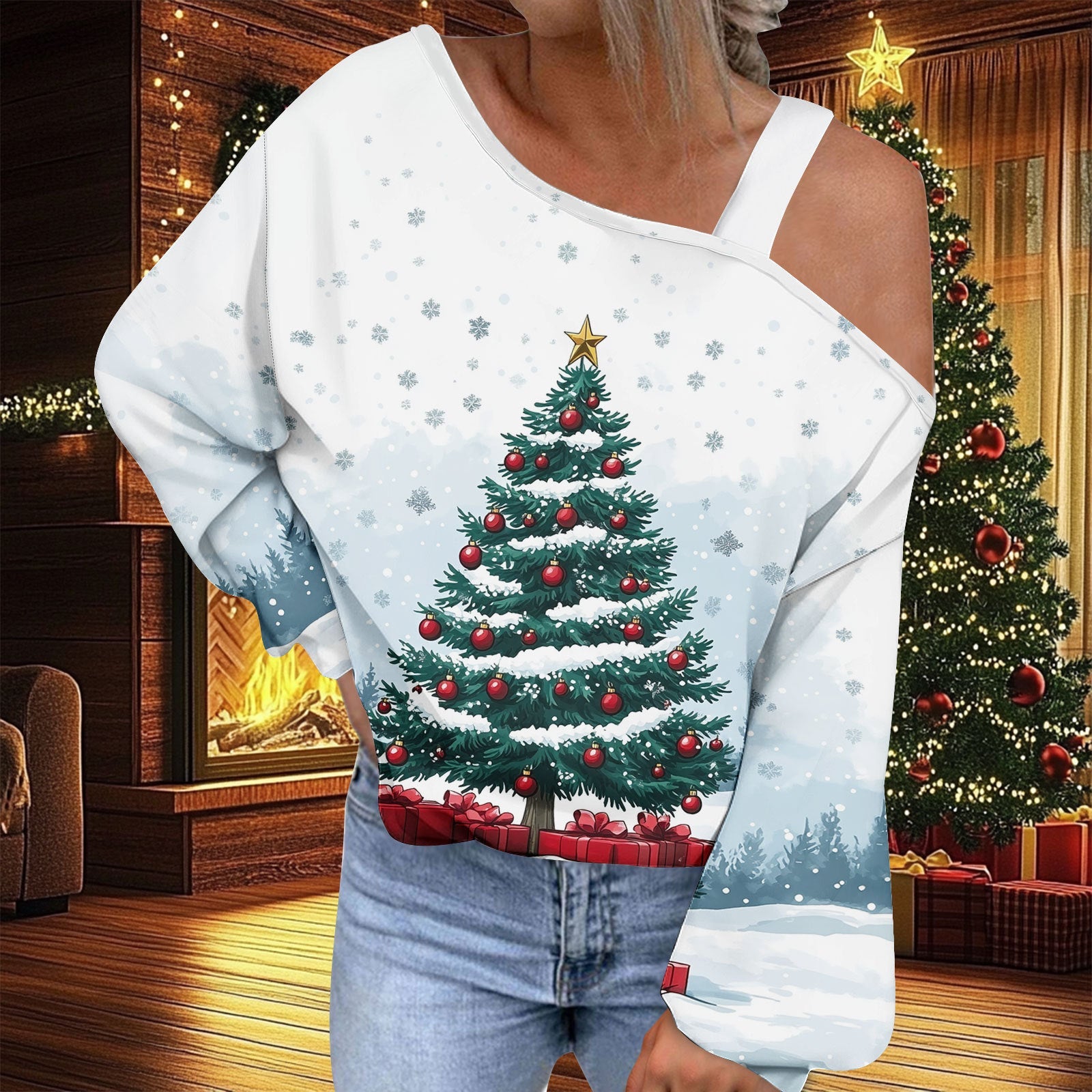 Christmas Women's Fashion Trend Diagonal Collar T-shirt by G8Central.com