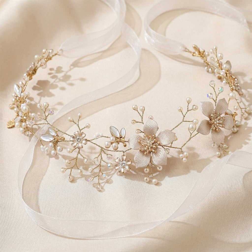Gold Pearl Floral Alloy Bridal Headband - Bridella BHP357-G by Bridella