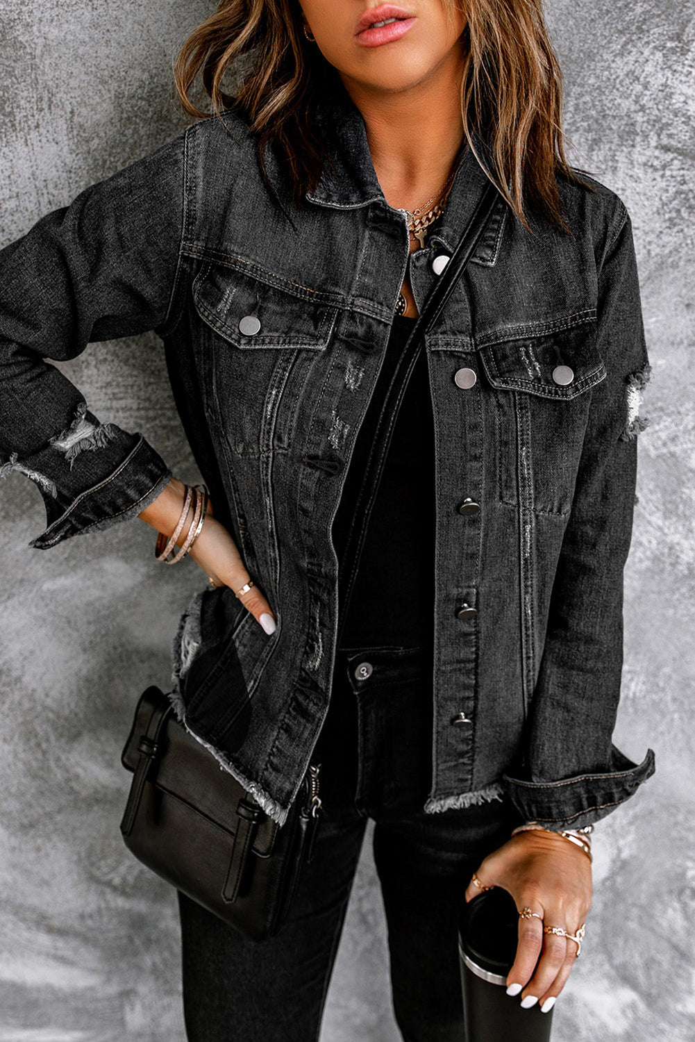 Sofibelle Distressed Raw Hem Jacket by Threaded Pear