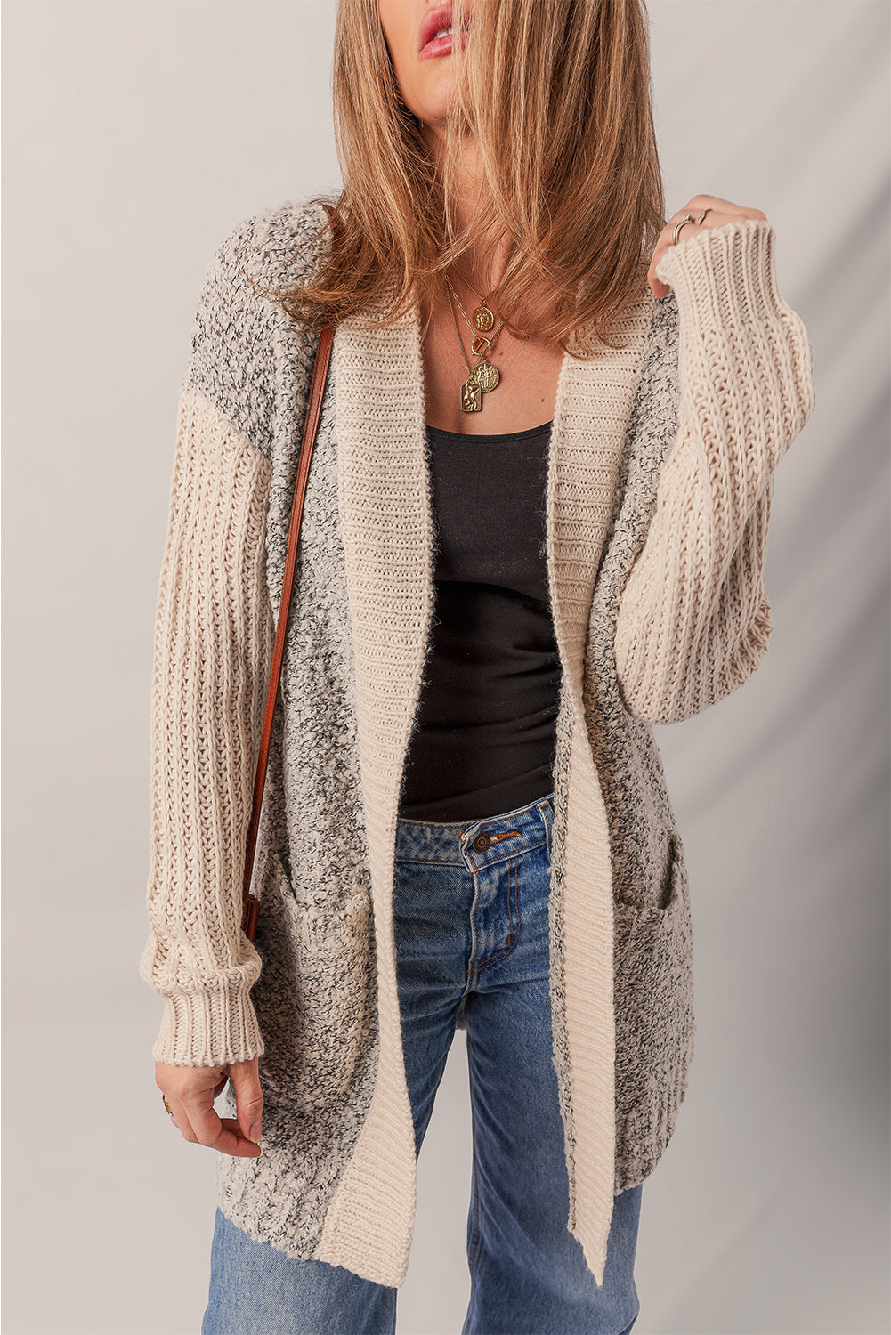 Sarah Side Pockets Open Front Cardigan - Threaded Pear