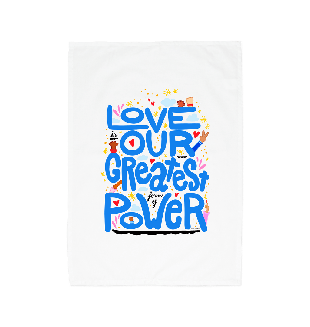 "Love is Our Greatest Form of Power" 100% Organic Cotton Eco Tea Towel (Blue Text)