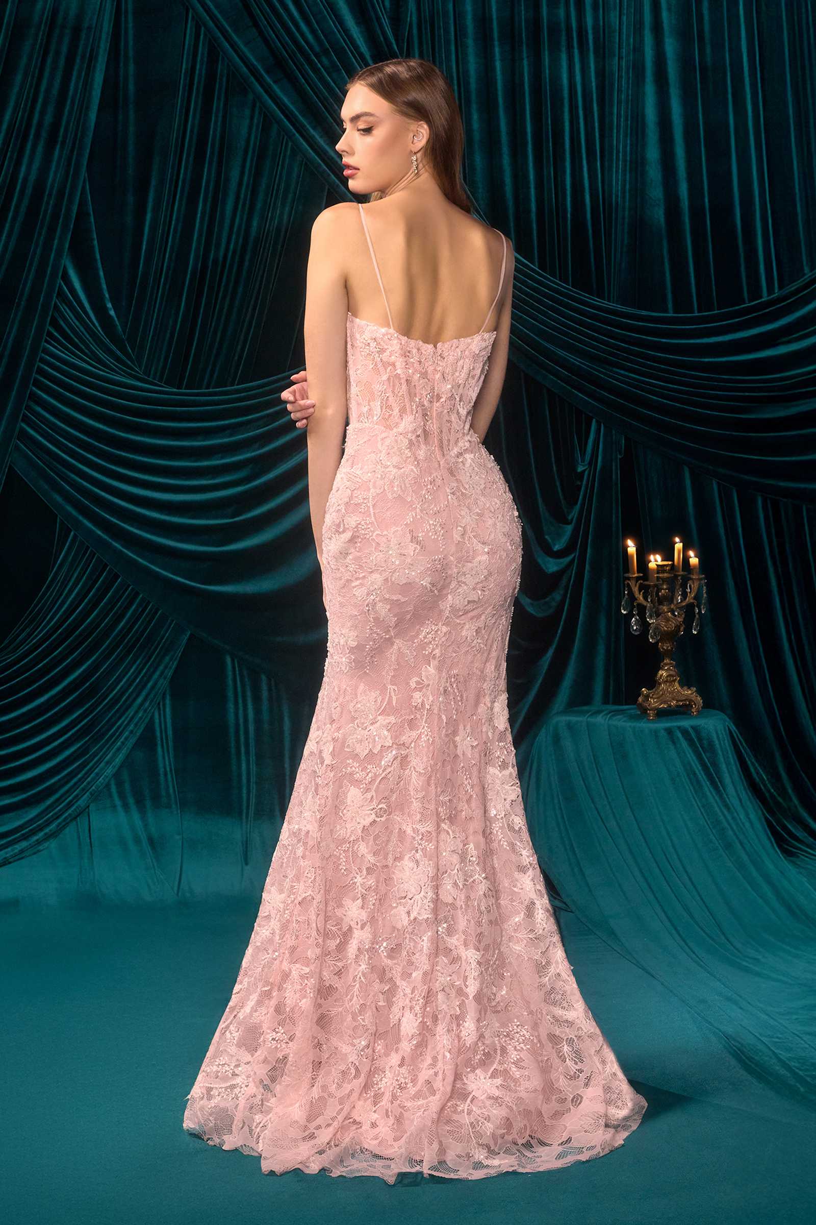 Andrea & Leo A1499 Ethereal Floral Lace Thigh High Slit Fitted Lace Gown