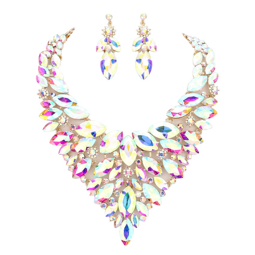 AB Gold Marquise Stone Cluster Statement Evening Necklace, These gorgeous marquise stone cluster jewelry sets will show your perfect beauty & class on any special occasion. The elegance of these stones goes unmatched. Great for wearing at a party, wedding, wedding showers, birthdays, prom, graduation, anniversaries, etc. Perfect for adding just the right amount of glamour and sophistication to important occasions.