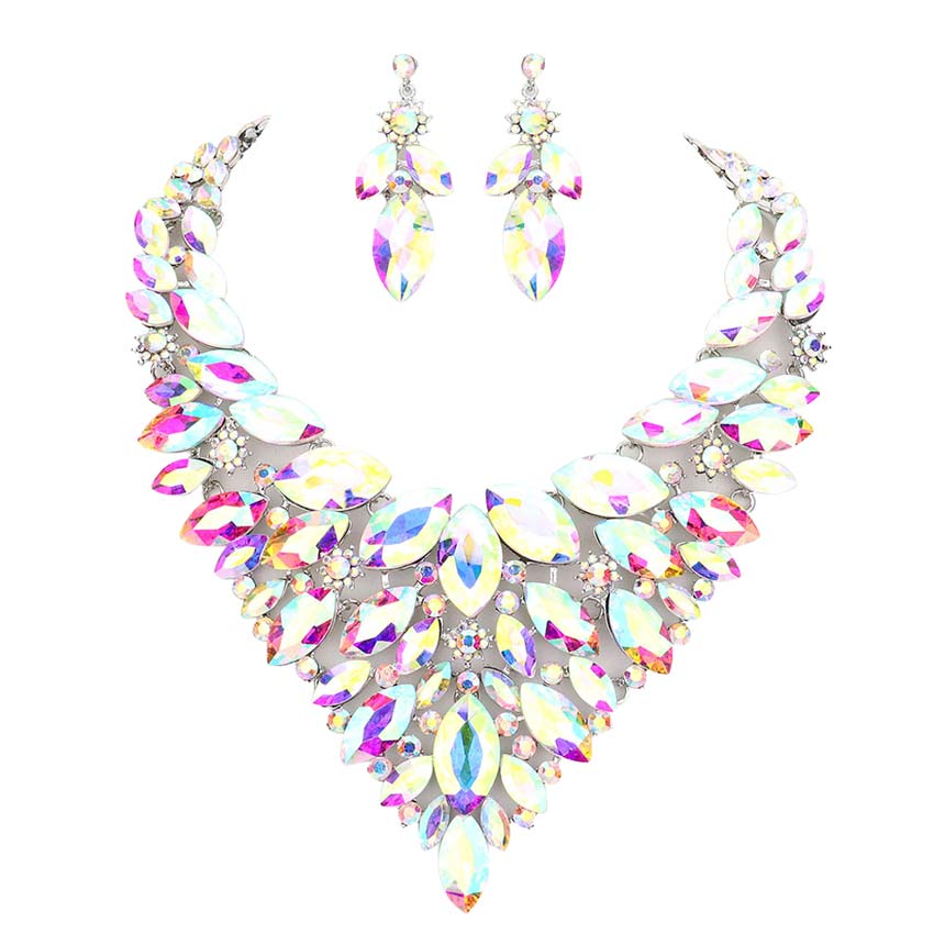 AB Silver Marquise Stone Cluster Statement Evening Necklace, These gorgeous marquise stone cluster jewelry sets will show your perfect beauty & class on any special occasion. The elegance of these stones goes unmatched. Great for wearing at a party, wedding, wedding showers, birthdays, prom, graduation, anniversaries, etc. Perfect for adding just the right amount of glamour and sophistication to important occasions.