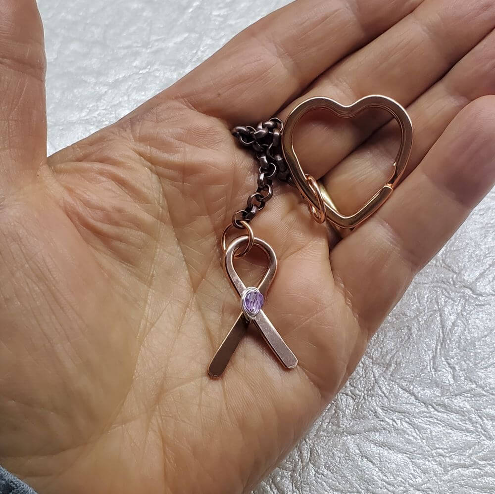Handmade Caregiver Crystal Copper Ribbon Heart Key Chain