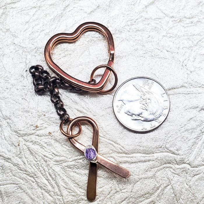 Handmade Caregiver Crystal Copper Ribbon Heart Key Chain