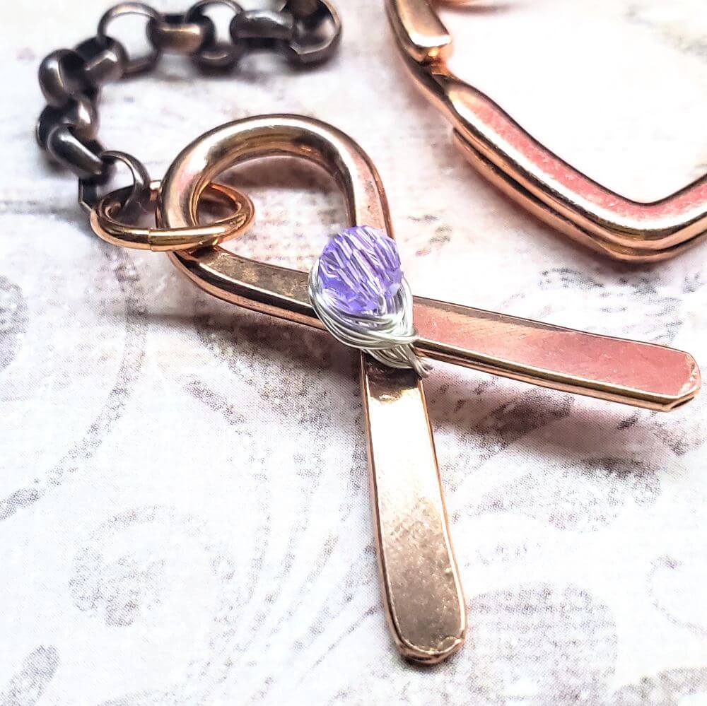 Handmade Caregiver Crystal Copper Ribbon Heart Key Chain