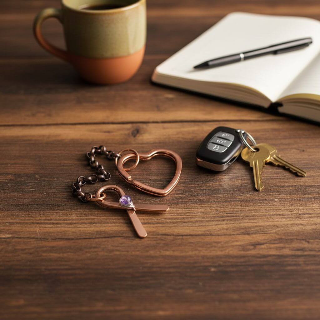 Handmade Caregiver Crystal Copper Ribbon Heart Key Chain