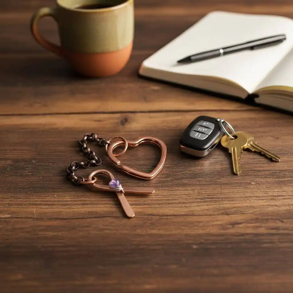 Handmade Caregiver Crystal Copper Ribbon Heart Key Chain