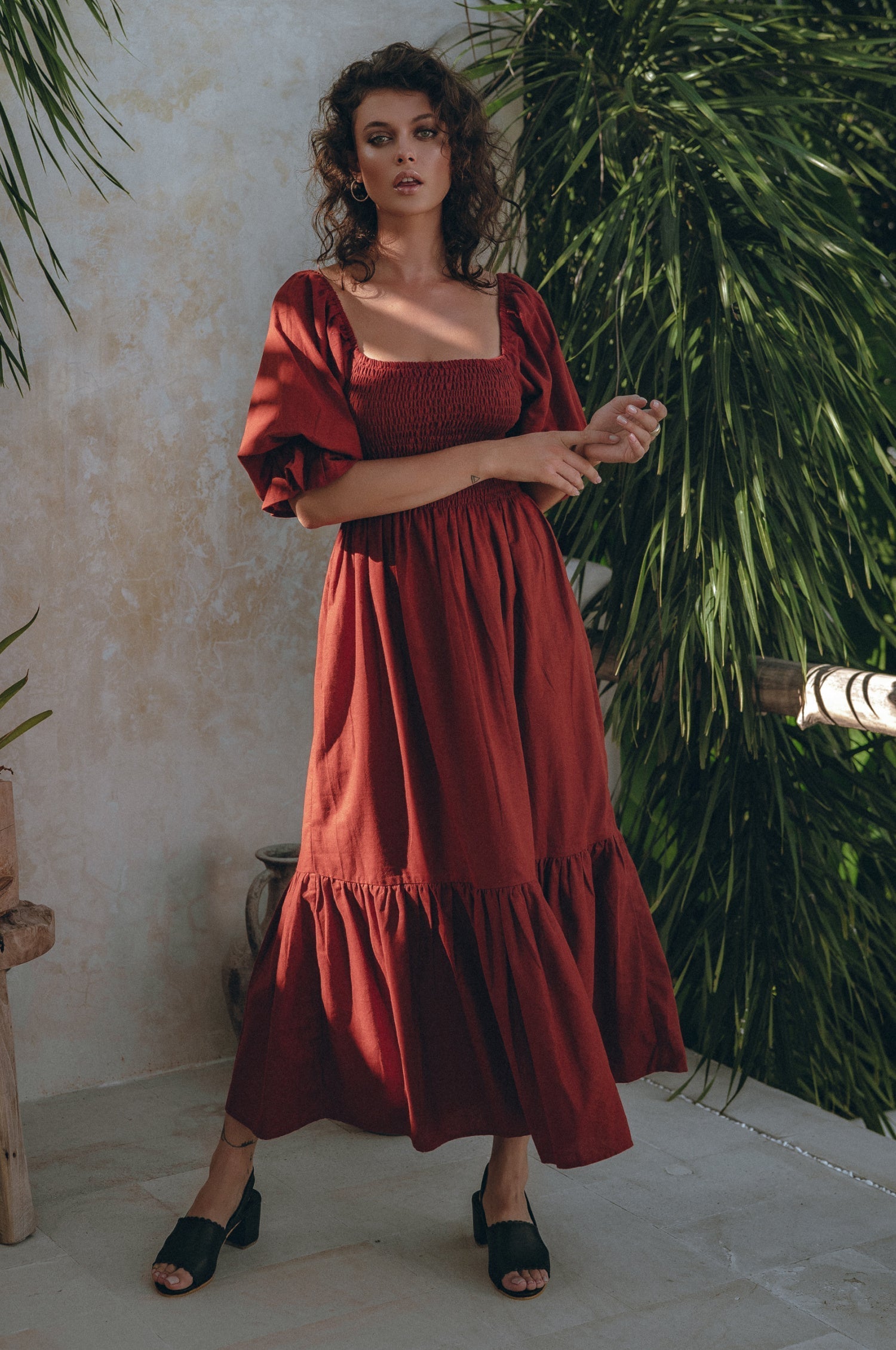Almeria Smocked Midi Linen Dress by Bali Lane
