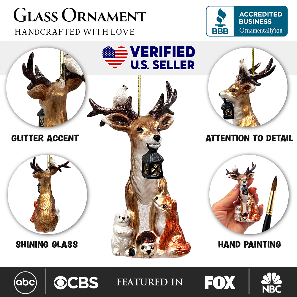 Deer with Lantern Glass Christmas Ornament, Woodland Animal Tree Decor by OrnamentallyYou