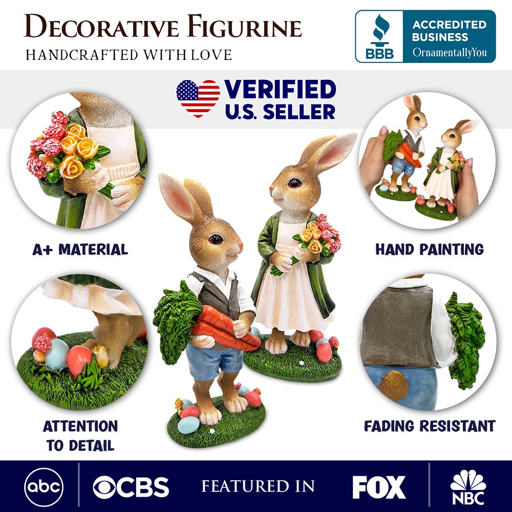 Harvest and Bloom Country Bunny Pair Figurine, 8" Rabbit Garden Statue Set Resin Statues OrnamentallyYou 