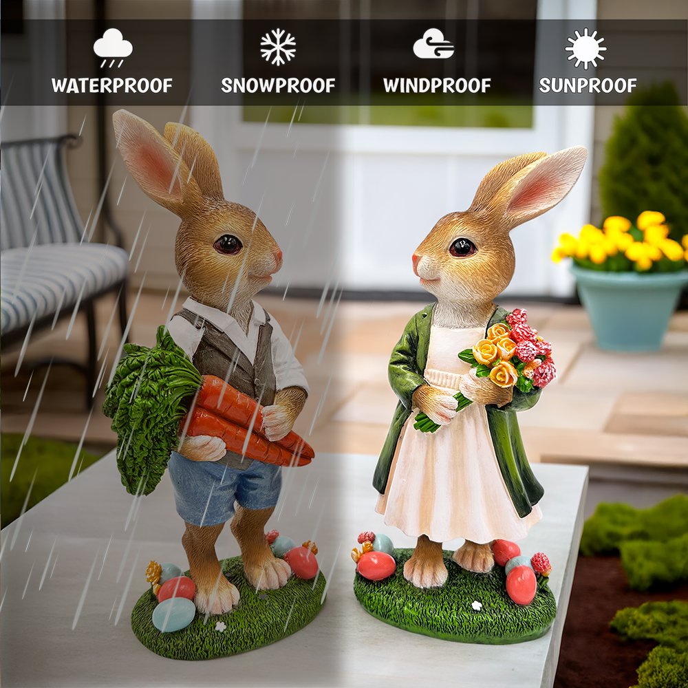 Harvest and Bloom Country Bunny Pair Figurine, 8" Rabbit Garden Statue Set Resin Statues OrnamentallyYou 