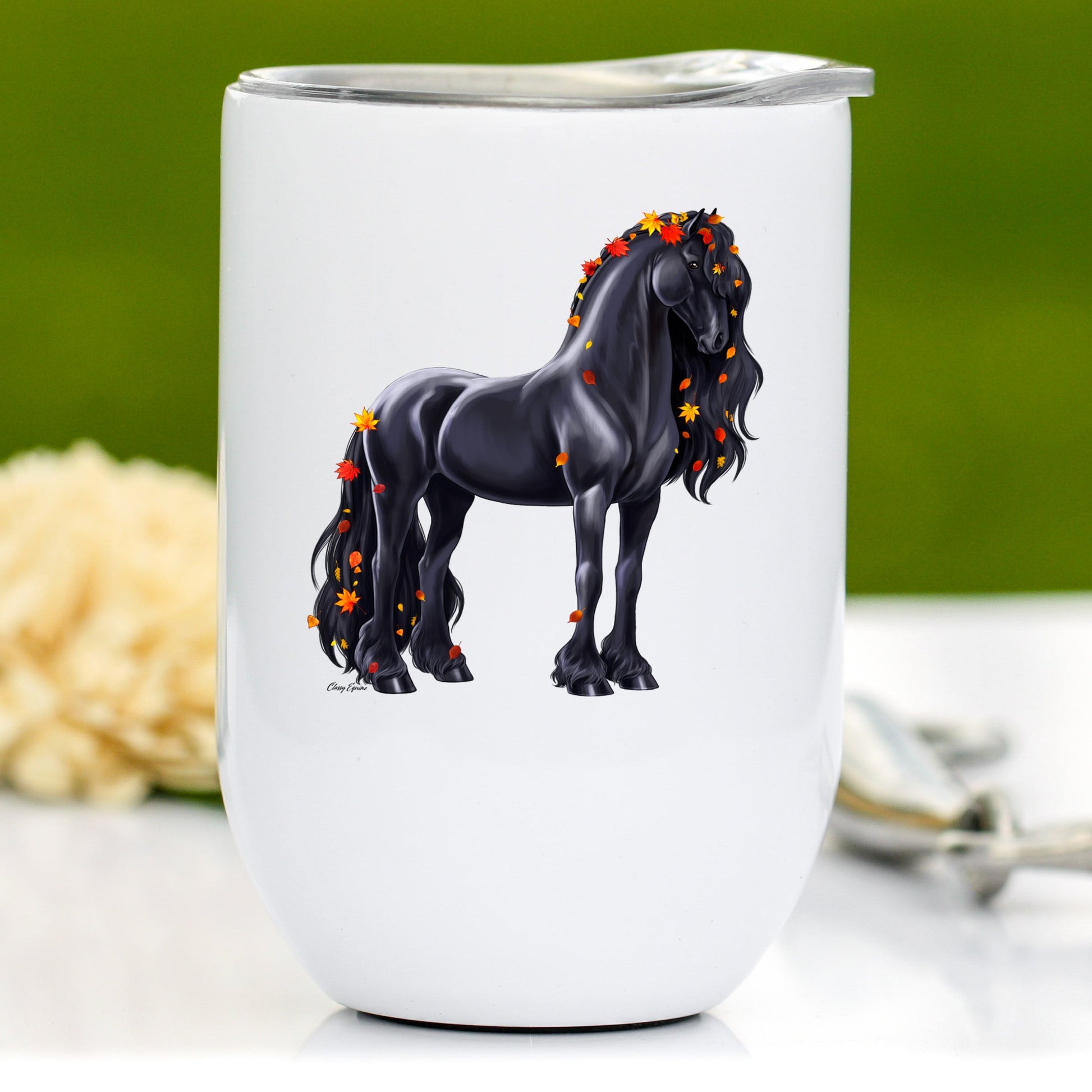 Autumn Friesian Horse Wine Tumbler by Classy Equine