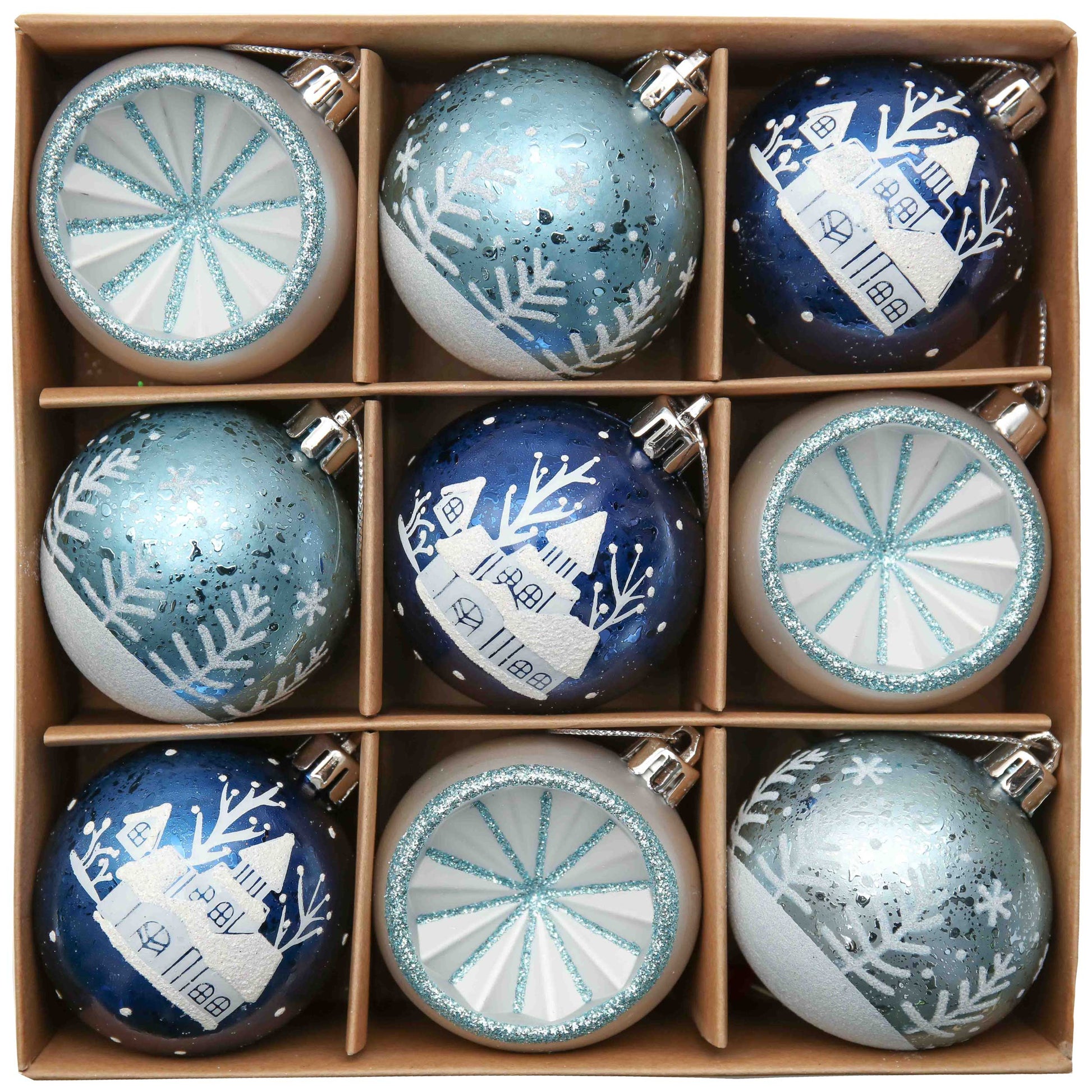 Elegant Blue Winter Theme Christmas Ornament Bundle, 9 Piece Snow and Tree Baubles Ornament Bundle OrnamentallyYou 