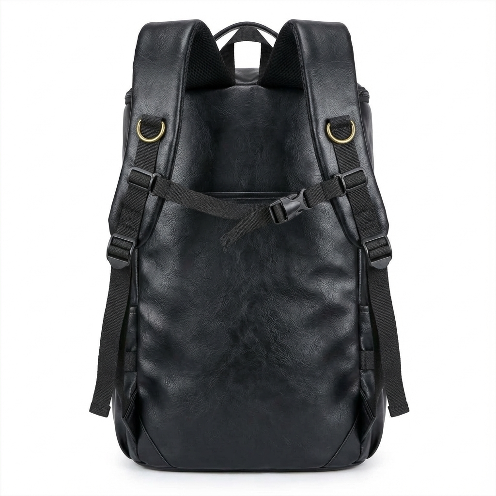 Black leather backpack with straps on a white background