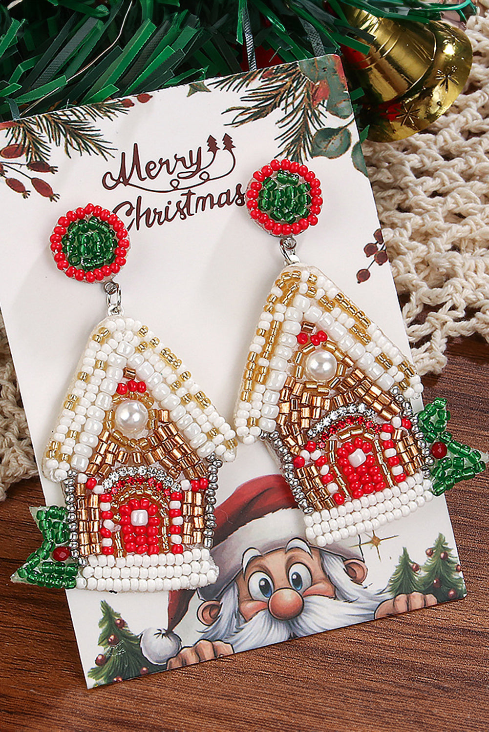 White Christmas Style House Beaded Stud Dangle Earrings - Threaded Pear