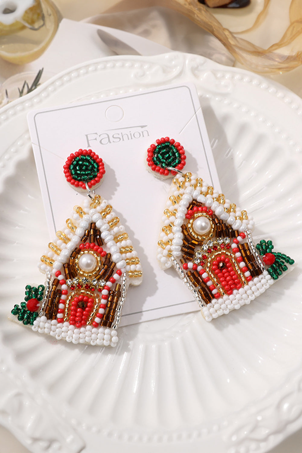 White Christmas Style House Beaded Stud Dangle Earrings - Threaded Pear