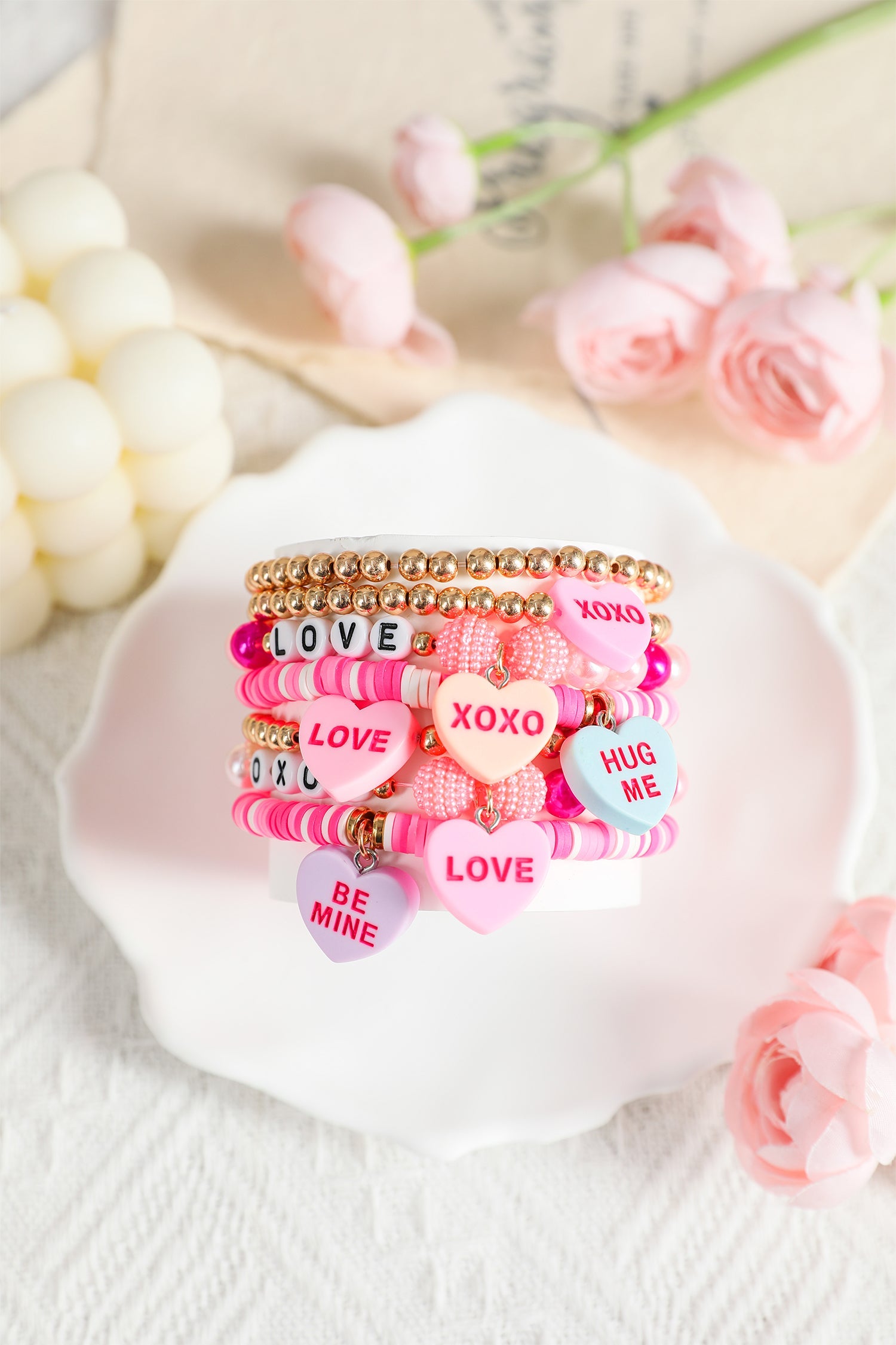 Valentine Heart Pendant Beaded Elastic Bracelet by Threaded Pear