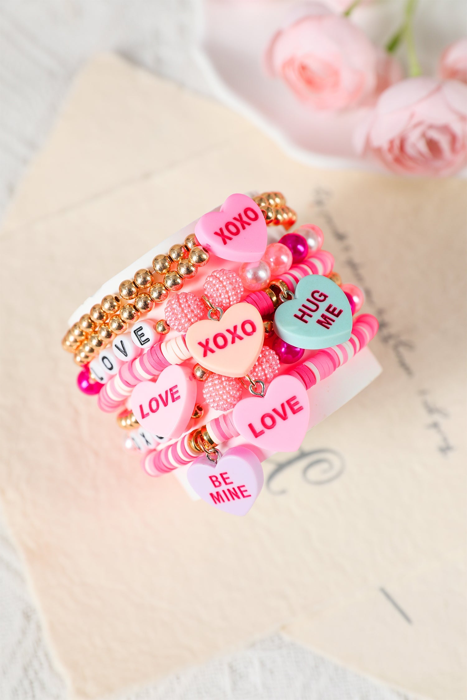 Valentine Heart Pendant Beaded Elastic Bracelet by Threaded Pear