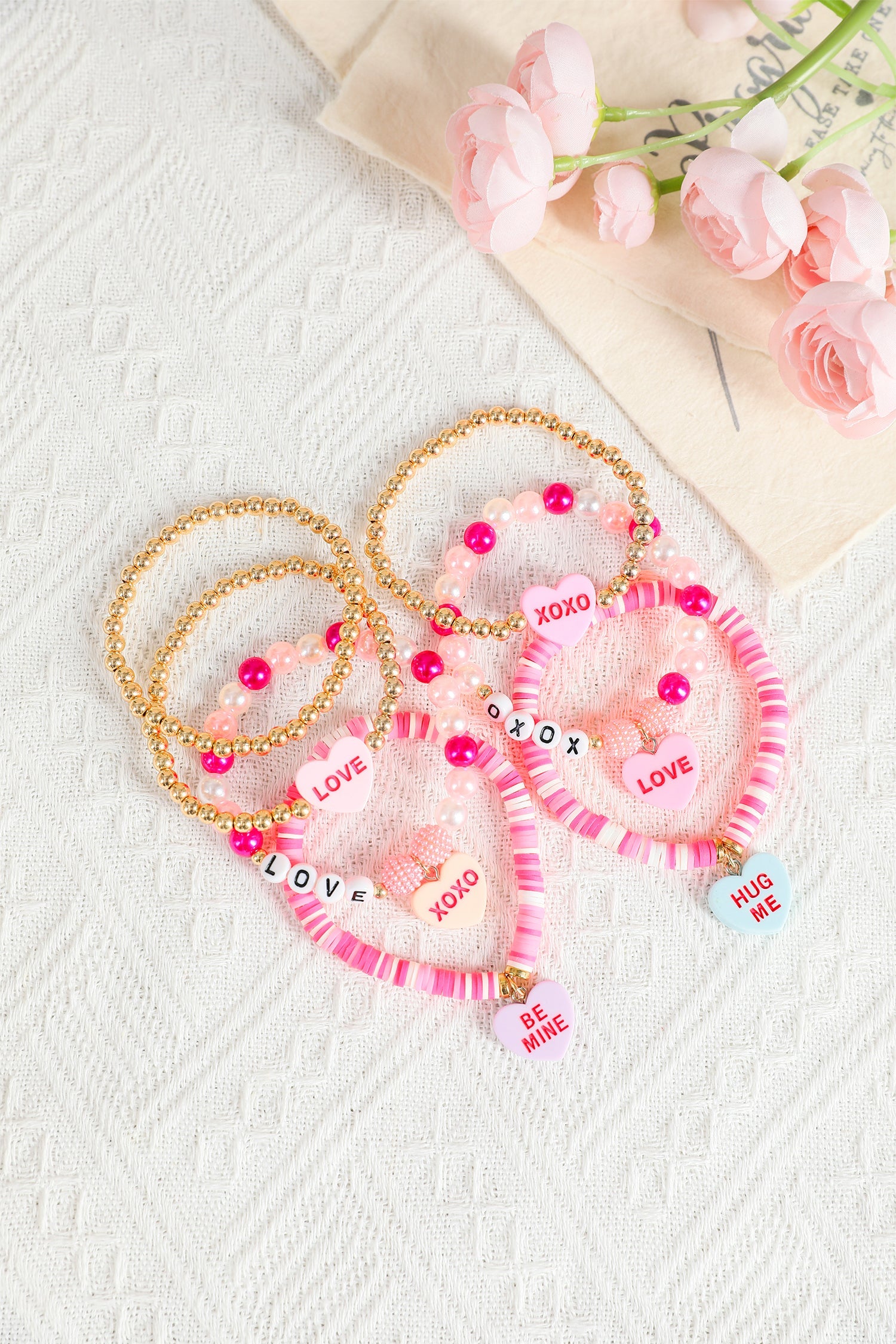 Valentine Heart Pendant Beaded Elastic Bracelet by Threaded Pear