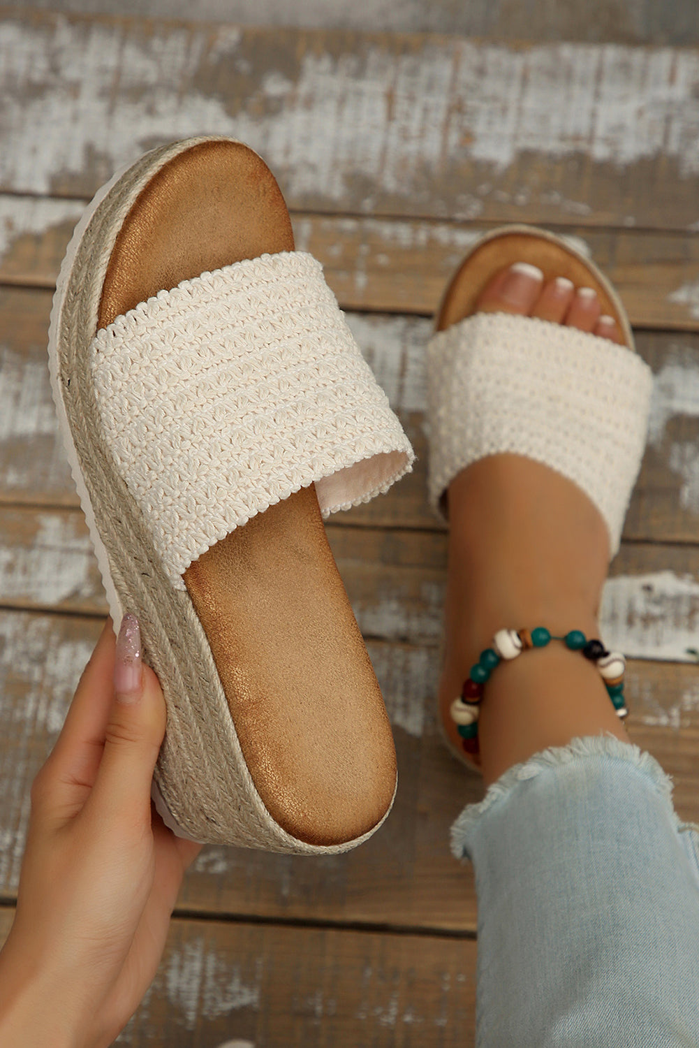 Woven Wide Band Platform Slippers - Threaded Pear