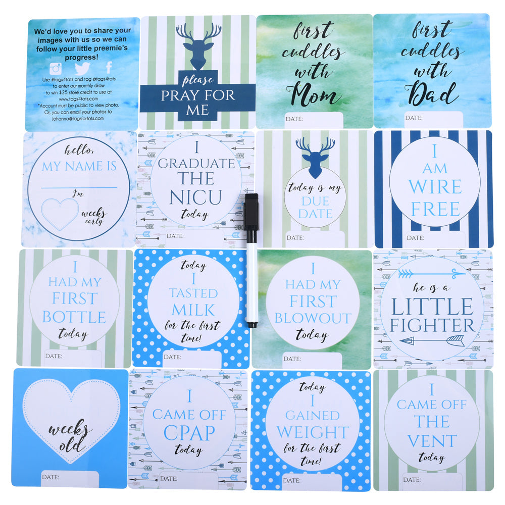 Durable plastic NICU milestone cards, designed by a Preemie Momma, safe for sanitizing, writing, and reusing.