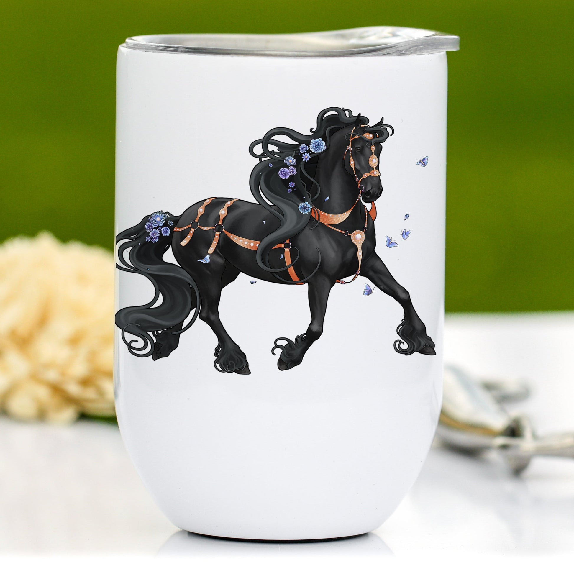Friesian Horse Wine Tumbler - Blue Floral by Classy Equine