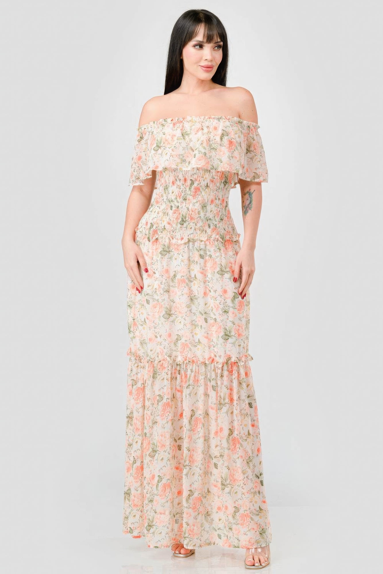 floral chiffon off shoulder maxi-dress 