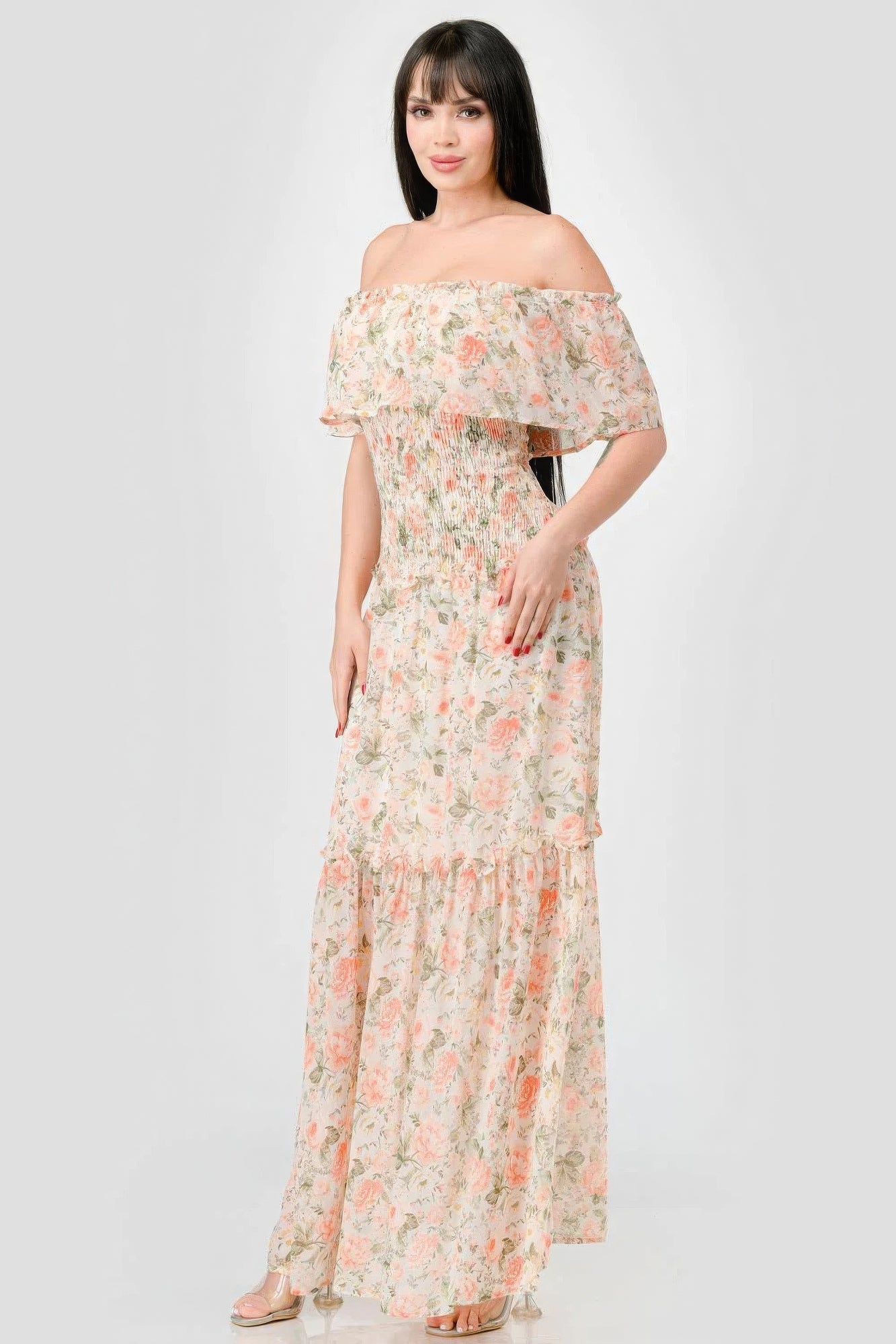 floral chiffon off shoulder maxi-dress 