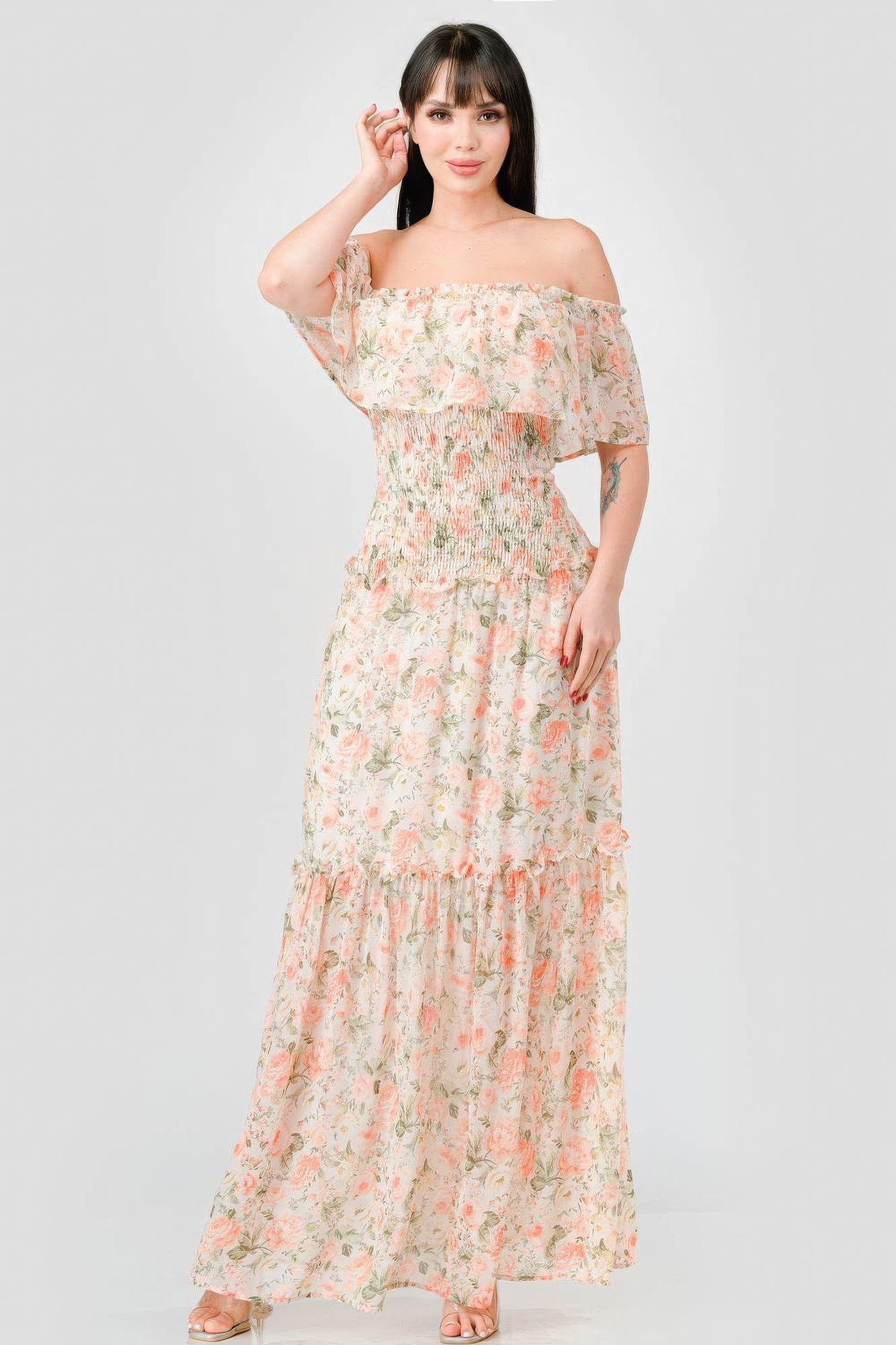 floral chiffon off shoulder maxi-dress 