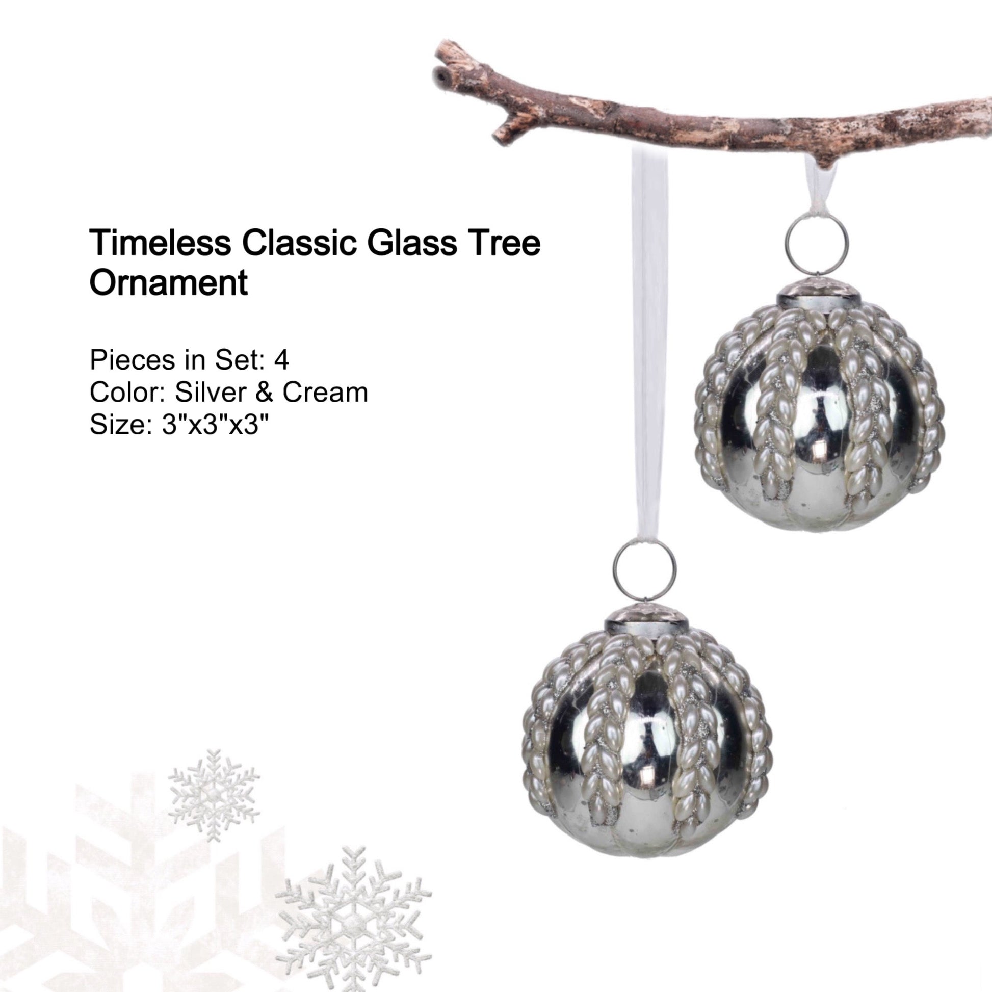 Timeless Christmas Tree Ornament in Silver & Cream, Set of 4