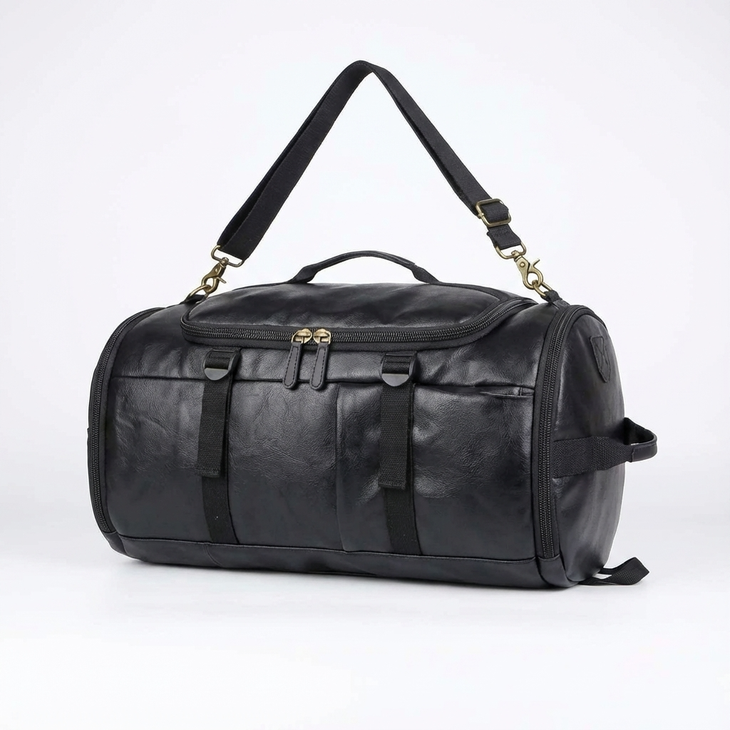 Black leather duffel bag with gold zippers on a white background