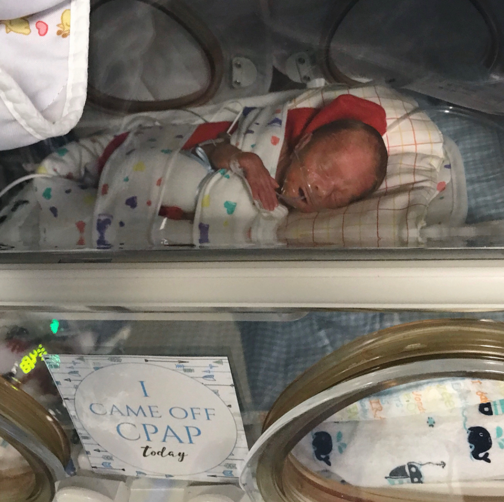 NICU baby comes of CPAP machine to breathe on his own. Three Little Tots NICU Milestone Cards. Makes a great gift for new preemie parents
