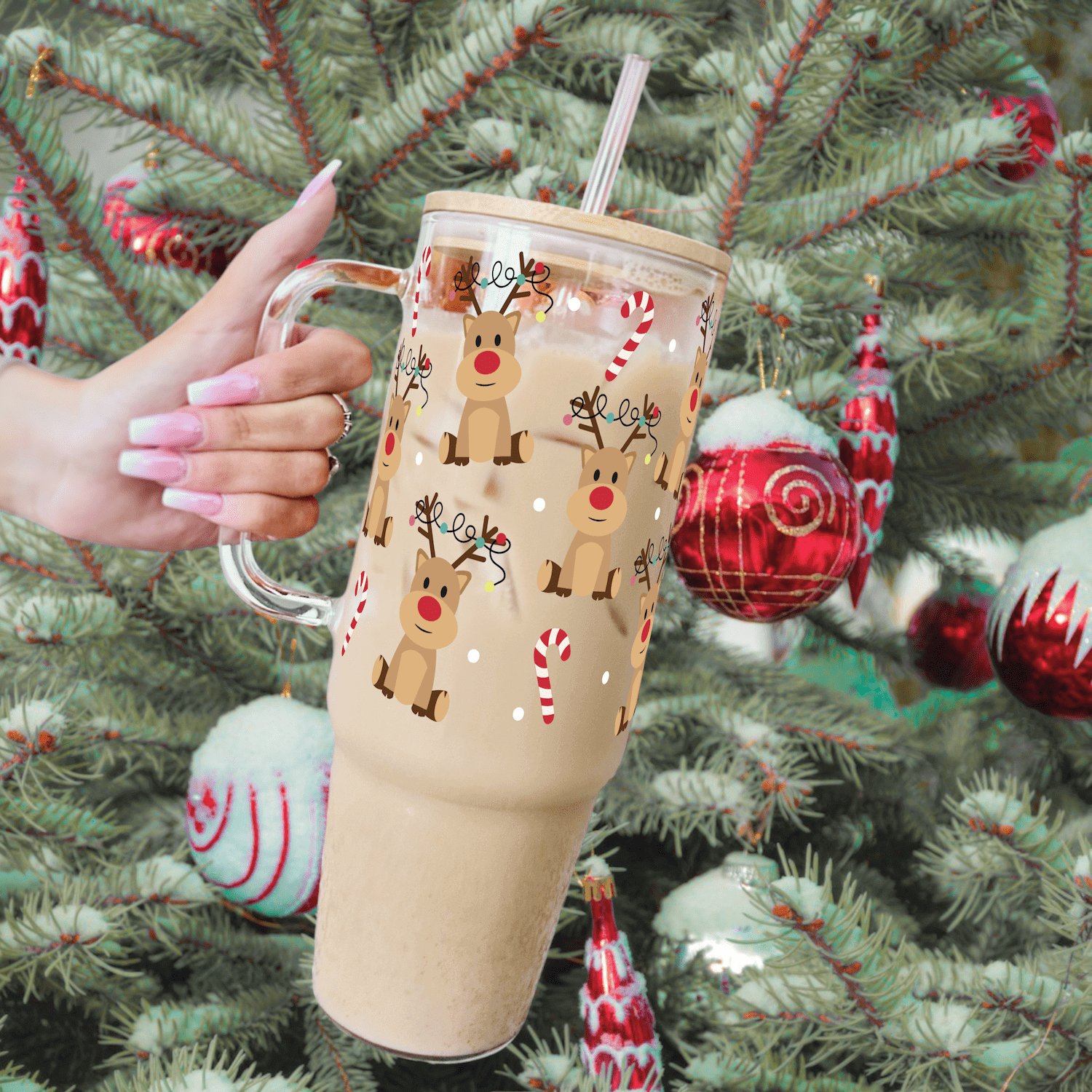 Christmas Deer and Candy Canes Tumbler With Lid and Straw by OyeraCharisma