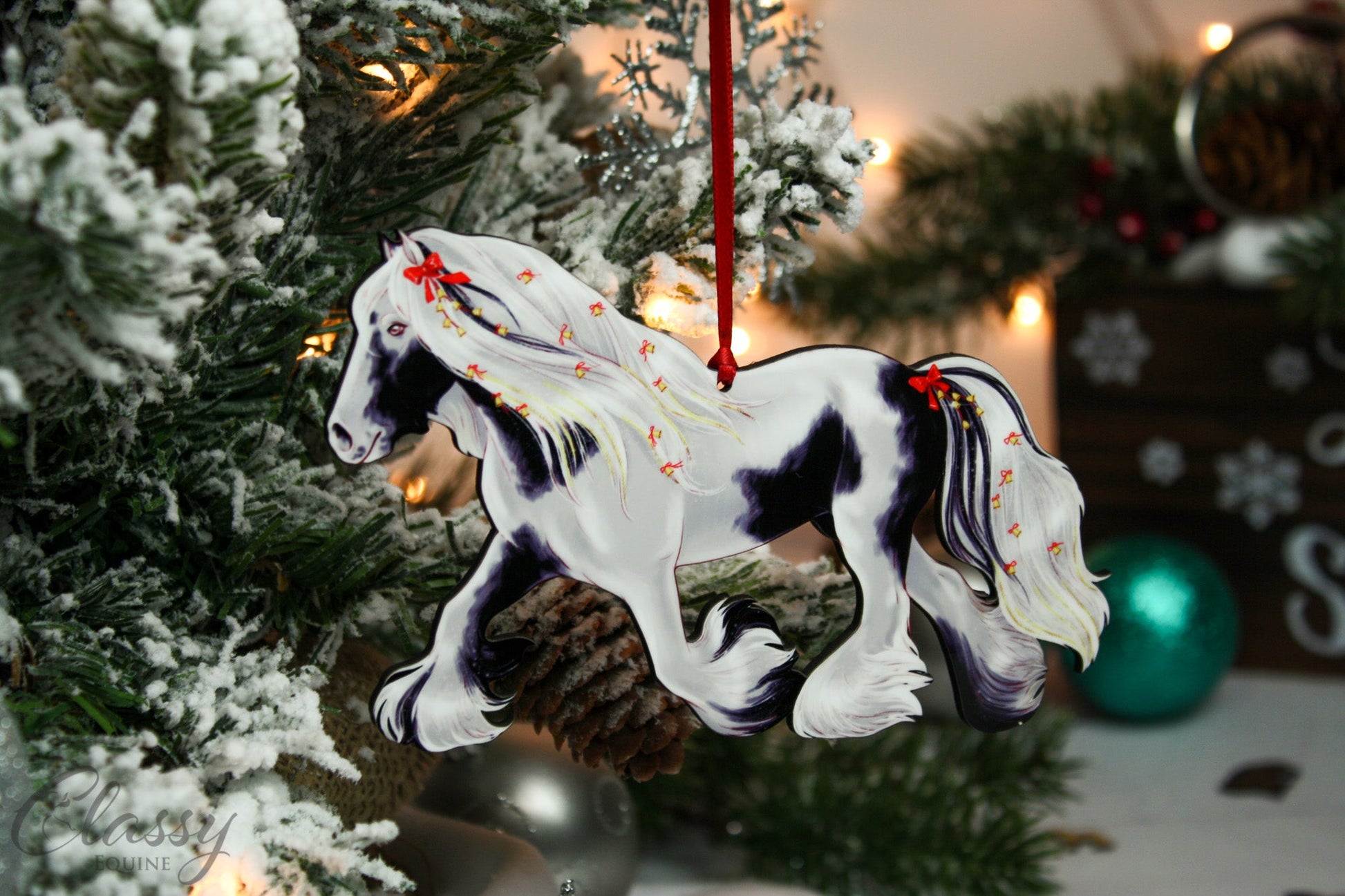 Trotting Black and White Tobiano Gypsy Vanner Horse Christmas Ornament by Classy Equine
