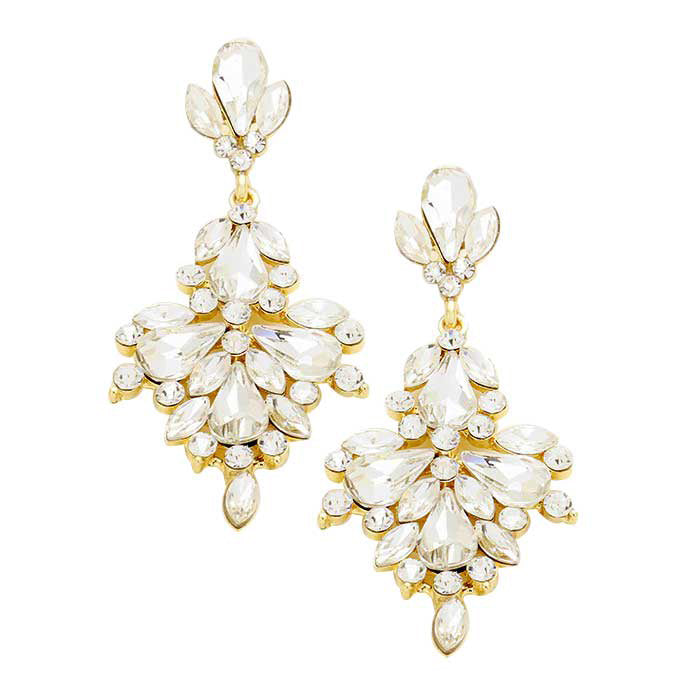 Clear Gold Glass Crystal Statement Earrings, These gorgeous Crystal pieces will show your class in any special occasion. The elegance of these crystal evening earrings goes unmatched. Perfect jewelry to enhance your look. Awesome gift for birthday, Anniversary, Valentine‚Äôs Day or any special occasion.