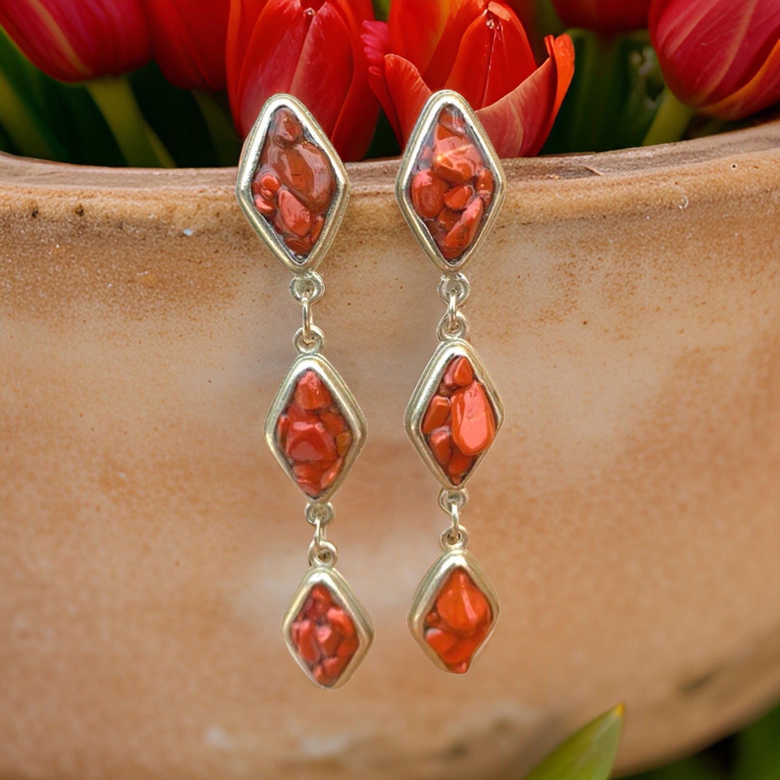 Red Jasper and Silver Tier Drop Earrings by The Urban Charm by The Urban Charm